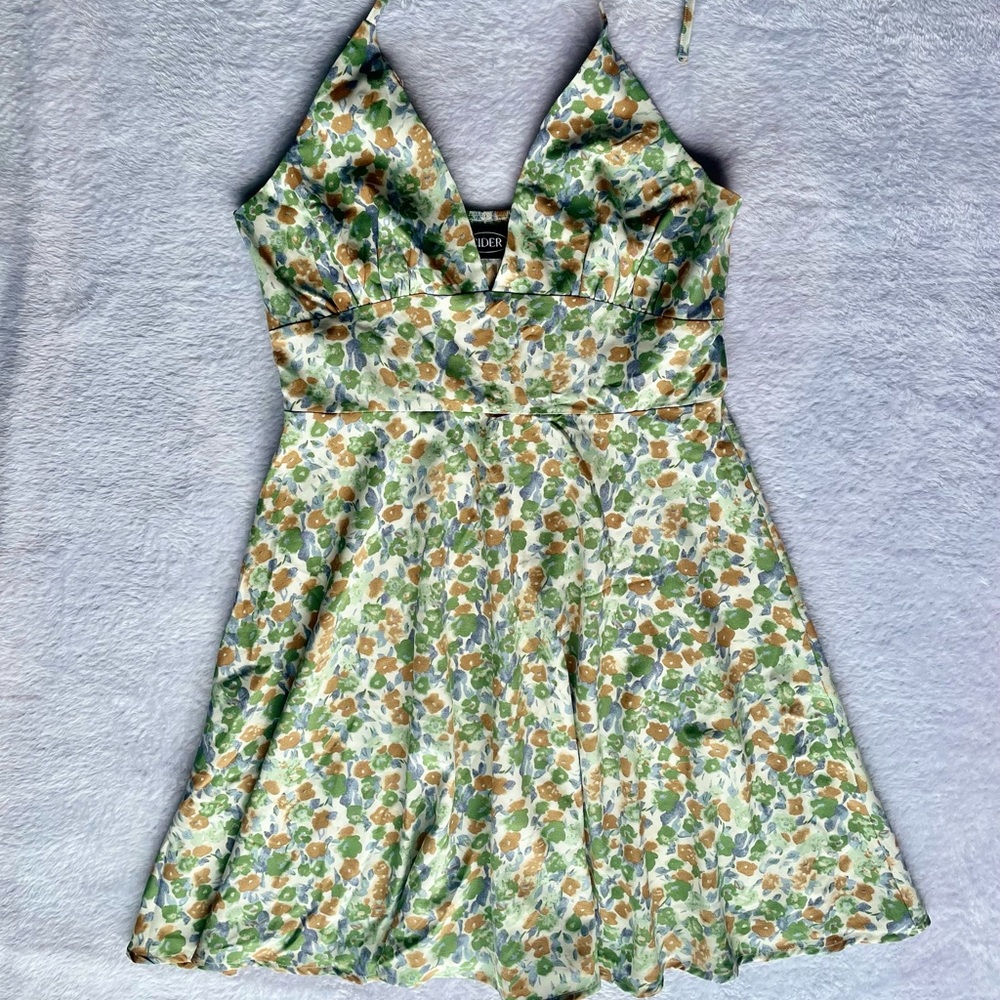 **NWOT** CIDER, (Size S) “Bottomless Mimosas” Green Floral Halter Mini Dress - Picture 7 of 10